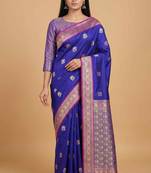 Royal blue semi kataan silk banarasi saree with sona rupa floral zari work