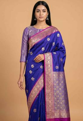 Royal blue semi kataan silk banarasi saree with sona rupa floral zari work 2