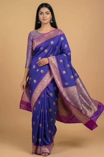 Royal blue semi kataan silk banarasi saree with sona rupa floral zari work