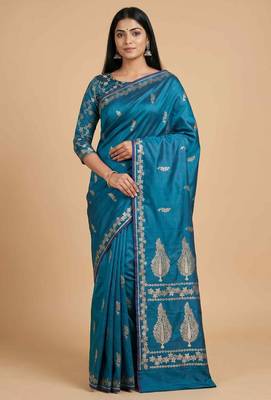Teal blue semi kataan silk banarasi saree with floral zari work 1