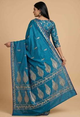 Teal blue semi kataan silk banarasi saree with floral zari work 2