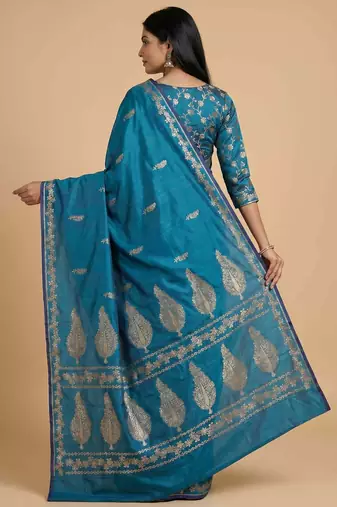 Teal blue semi kataan silk banarasi saree with floral zari work