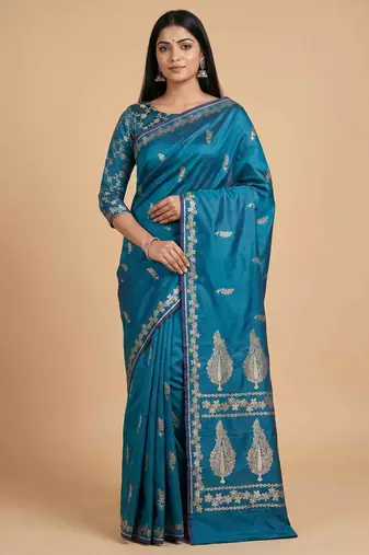 Teal blue semi kataan silk banarasi saree with floral zari work