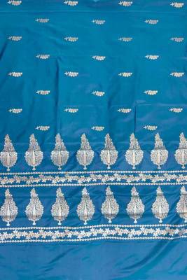 Teal blue semi kataan silk banarasi saree with floral zari work 4