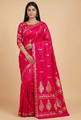 Fusia red semi kataan silk banarasi saree with floral zari work 1