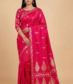 Fusia red semi kataan silk banarasi saree with floral zari work