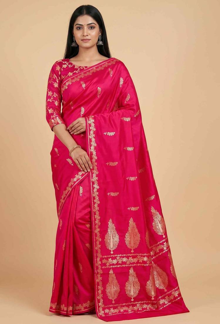 Fusia red semi kataan silk banarasi saree with floral zari work