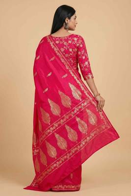 Fusia red semi kataan silk banarasi saree with floral zari work 2