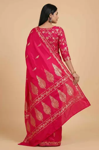 Fusia red semi kataan silk banarasi saree with floral zari work
