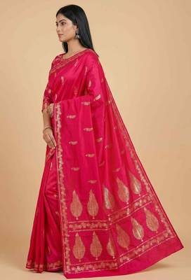 Fusia red semi kataan silk banarasi saree with floral zari work 3