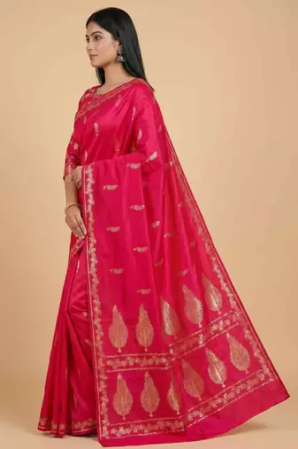 Fusia red semi kataan silk banarasi saree with floral zari work