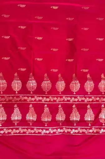 Fusia red semi kataan silk banarasi saree with floral zari work