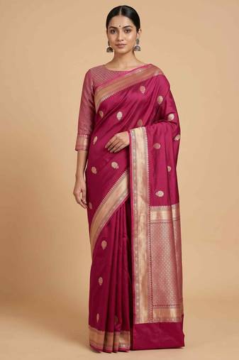Maroon semi kataan silk banarasi saree with sonarupa zari booti work