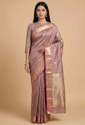 Rose gold semi kataan silk banarasi saree with sonarupa zari booti work 1
