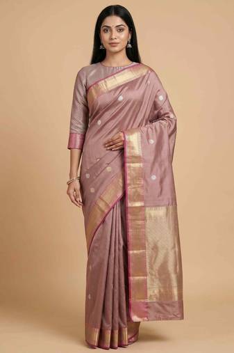 Rose gold semi kataan silk banarasi saree with sonarupa zari booti work