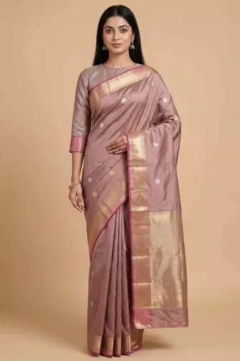 Rose gold semi kataan silk banarasi saree with sonarupa zari booti work