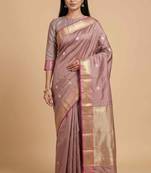 Rose gold semi kataan silk banarasi saree with sonarupa zari booti work