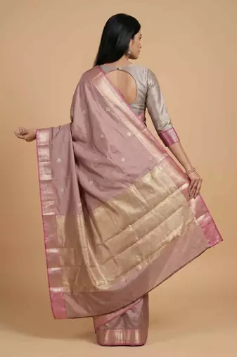 Rose gold semi kataan silk banarasi saree with sonarupa zari booti work