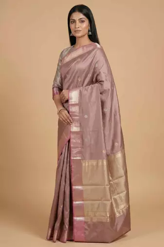 Rose gold semi kataan silk banarasi saree with sonarupa zari booti work