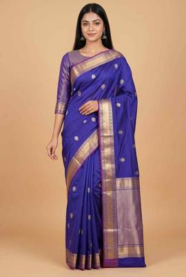 Royal blue semi kataan silk banarasi saree with sonarupa zari booti work 1
