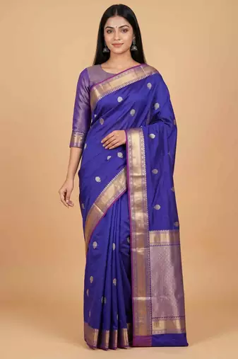 Royal blue semi kataan silk banarasi saree with sonarupa zari booti work