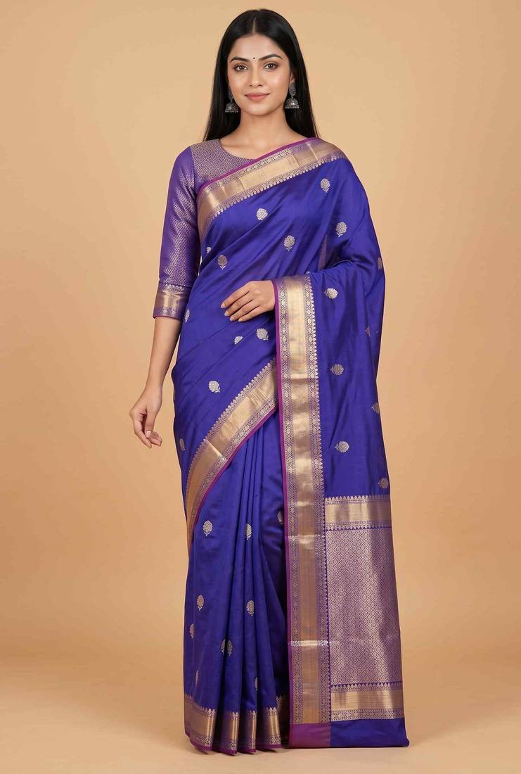 Royal blue semi kataan silk banarasi saree with sonarupa zari booti work
