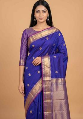 Royal blue semi kataan silk banarasi saree with sonarupa zari booti work 3