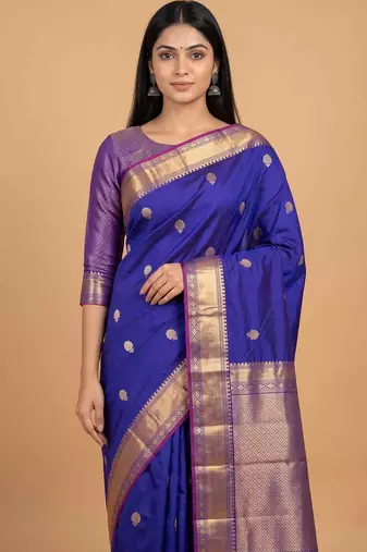Royal blue semi kataan silk banarasi saree with sonarupa zari booti work