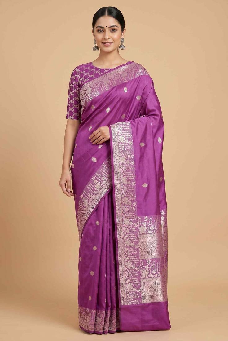 Light purple semi kataan silk banarasi saree with silver zari booti work