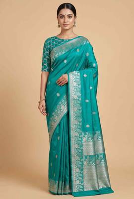 Turquoise semi kataan silk banarasi saree with silver zari booti work 1