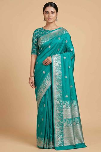 Turquoise semi kataan silk banarasi saree with silver zari booti work