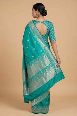 Turquoise semi kataan silk banarasi saree with silver zari booti work 2