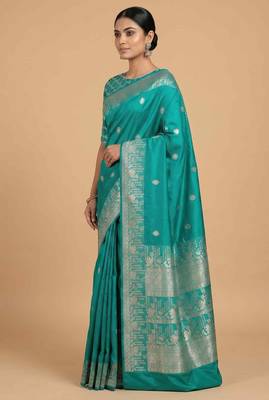 Turquoise semi kataan silk banarasi saree with silver zari booti work 3