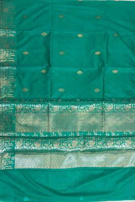 Turquoise semi kataan silk banarasi saree with silver zari booti work 4
