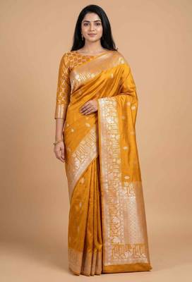 Mustard semi kataan silk banarasi saree with silver zari booti work 1