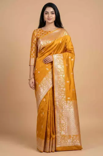 Mustard semi kataan silk banarasi saree with silver zari booti work