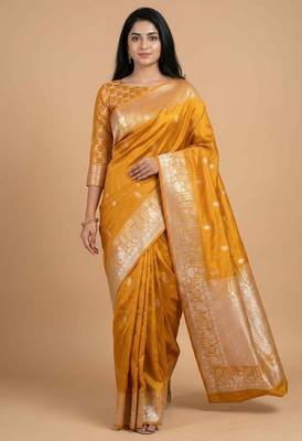 Mustard semi kataan silk banarasi saree with silver zari booti work 2