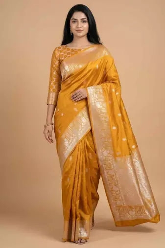 Mustard semi kataan silk banarasi saree with silver zari booti work