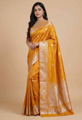 Mustard semi kataan silk banarasi saree with silver zari booti work 3