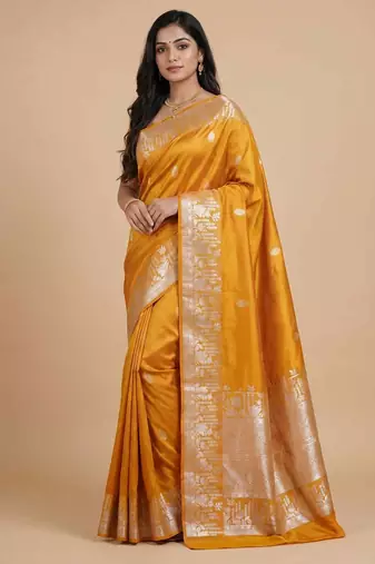 Mustard semi kataan silk banarasi saree with silver zari booti work