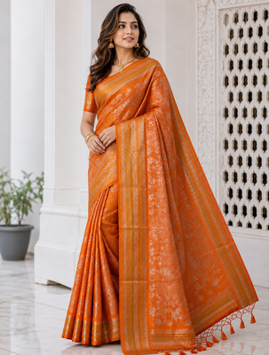 Orange Color Flower Veil And Beautiful Zomatri Flower And Tissue Silk Doubling Jari Jaqurad Weaving Georgette Saree 1