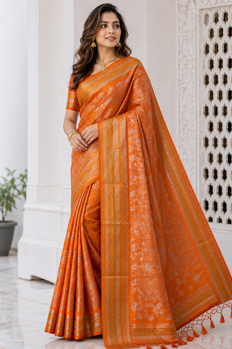 Orange Color Flower Veil And Beautiful Zomatri Flower And Tissue Silk Doubling Jari Jaqurad Weaving georgettete Saree