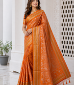 Orange Color Flower Veil And Beautiful Zomatri Flower And Tissue Silk Doubling Jari Jaqurad Weaving Georgette Saree