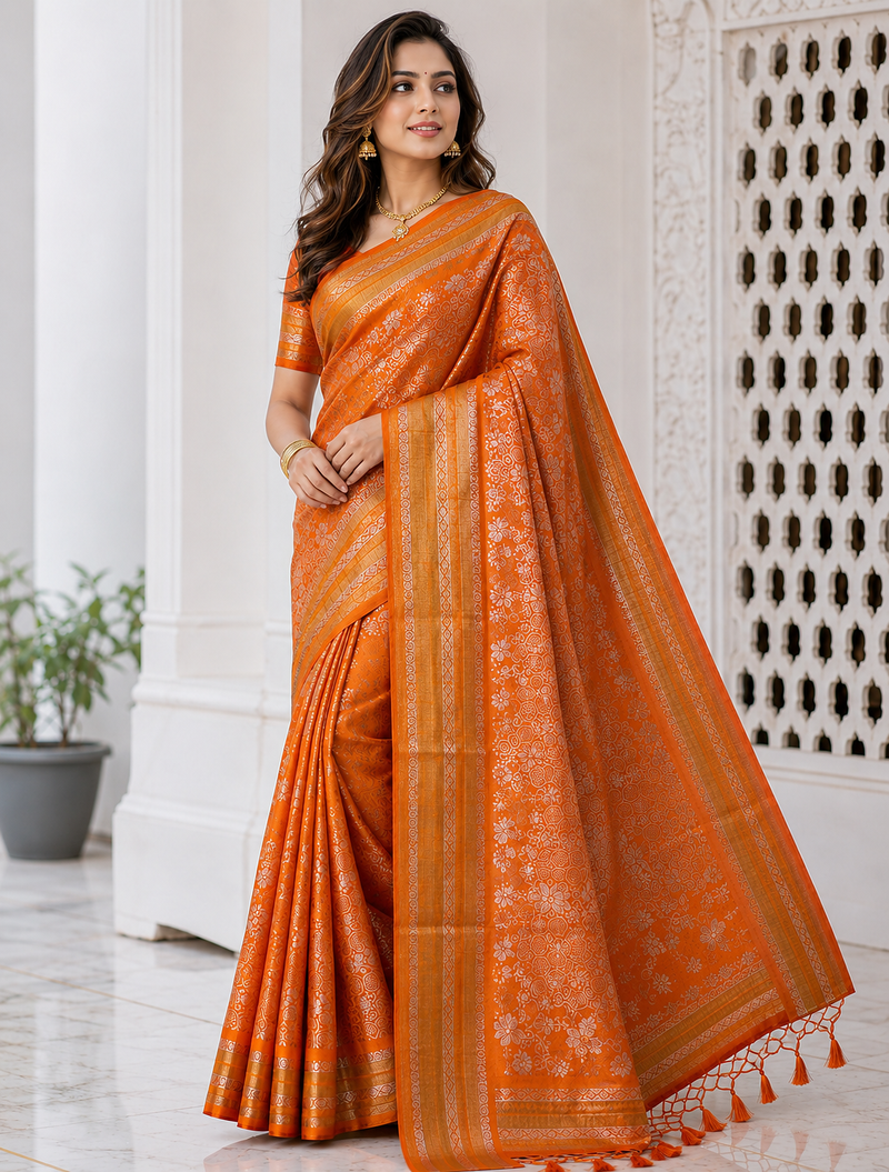 Orange Color Flower Veil And Beautiful Zomatri Flower And Tissue Silk Doubling Jari Jaqurad Weaving Georgette Saree