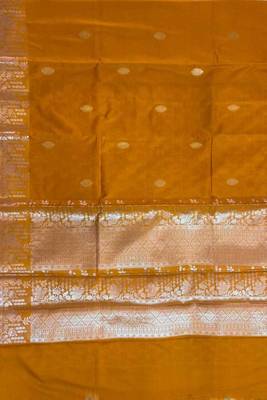 Mustard semi kataan silk banarasi saree with silver zari booti work 4