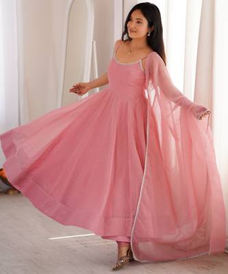 Women's dusty pink crunchy silk swarovski work anarkali suit set with pant & fancy lace border dupatta 1