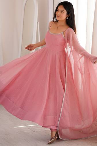 Women's dusty pink crunchy silk swarovski work anarkali suit set with pant & fancy lace border dupatta
