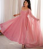 Women's dusty pink crunchy silk swarovski work anarkali suit set with pant & fancy lace border dupatta