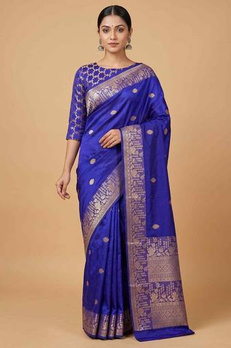 Royal blue semi kataan silk banarasi saree with silver zari booti work