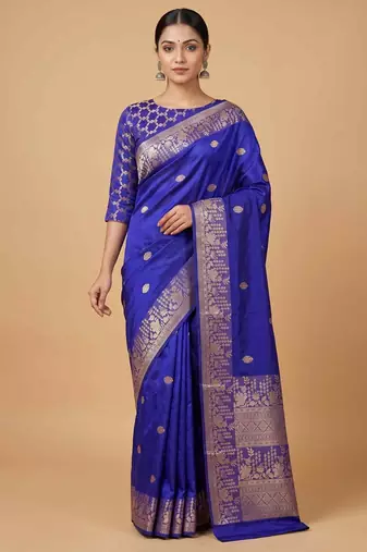 Royal blue semi kataan silk banarasi saree with silver zari booti work